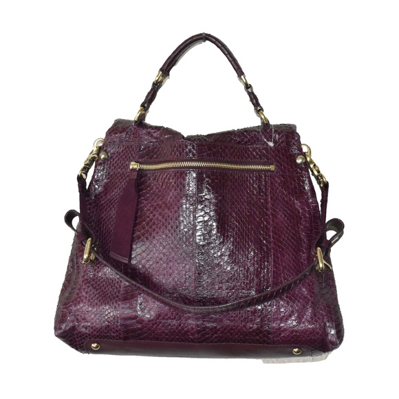 Auth NINA RICCI Drk Raspberry Python Texture Leather Fold Over Liane Satchel Bag - Picture 2 of 12